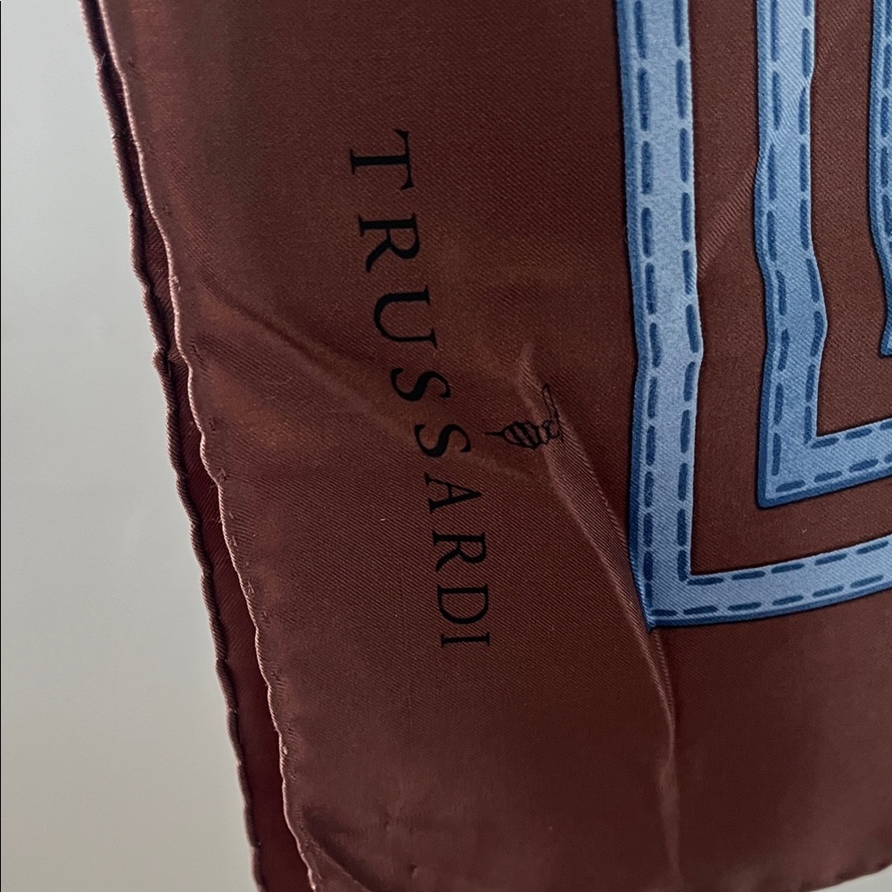 Trussardi Brown and Blue Elegant 100% silk Scarf - Picture 3 of 7